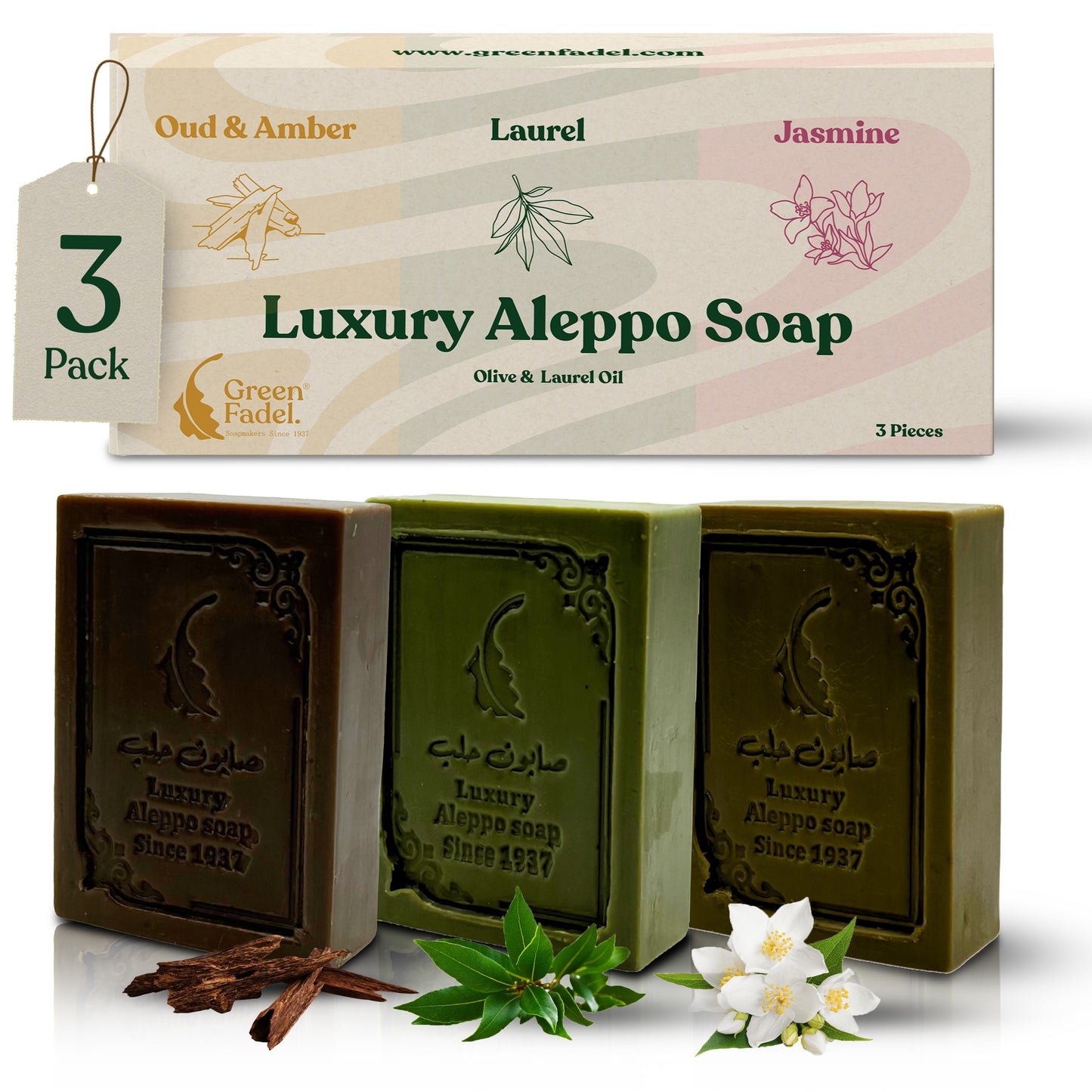 Luxe Aleppo Zeep Collectie: Oudh & Amber, Laurier & Jasmijn
